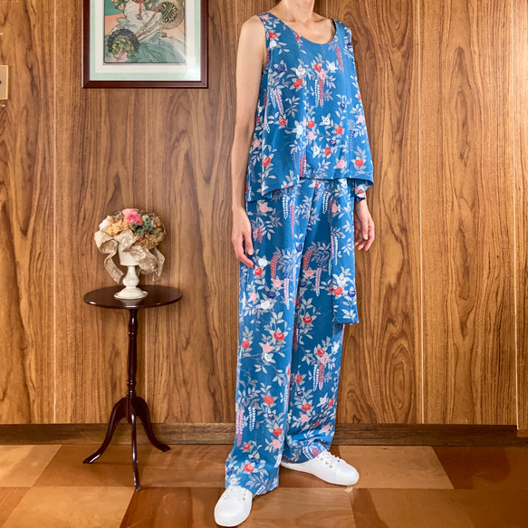 セットアップ ノースリーブとパンツ リボン付 ブルー 正絹着物
