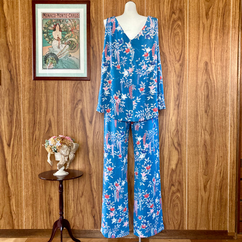 セットアップ ノースリーブとパンツ リボン付 ブルー 正絹着物リメイク  