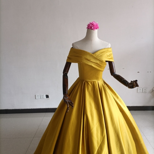 高品質！イエロー カラードレス 取り外しオフショルダー 光沢サテン