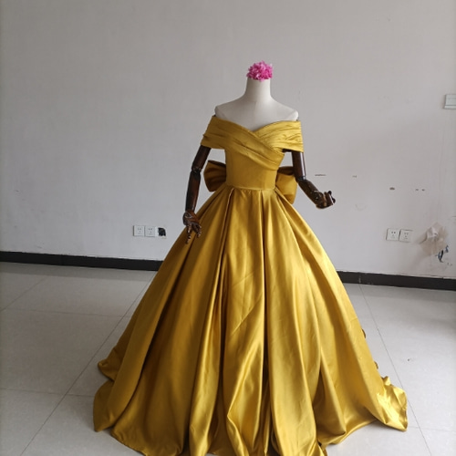 高品質！イエロー カラードレス 取り外しオフショルダー 光沢