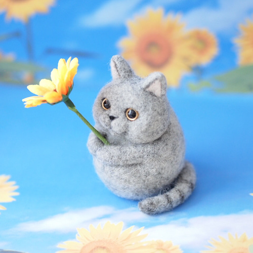 受注製作】夏限定（8月末まで）・ひまわりと猫・羊毛フェルト
