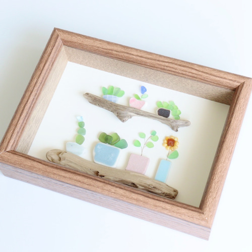 シーグラスアート『 向日葵と.。.:*♡～mini～』 シーグラスアート ✧˖°♡ひまわりとわんちゃん♡✧˖° 犬 向日葵