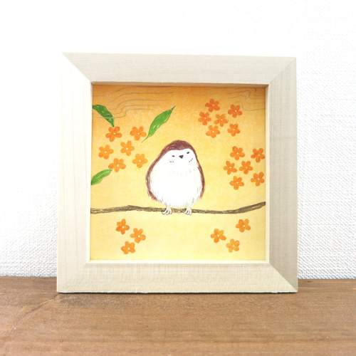 日本画原画】金木犀とスズメ インテリアアート ミニアート パネル ミニ