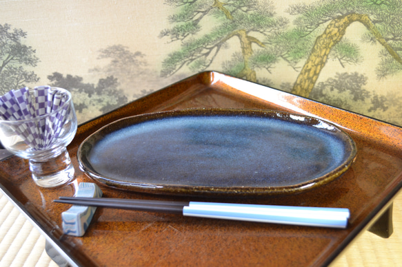 新着！】楕円長皿(コスモブルー) フラットプレート ☆萩焼き 陶器