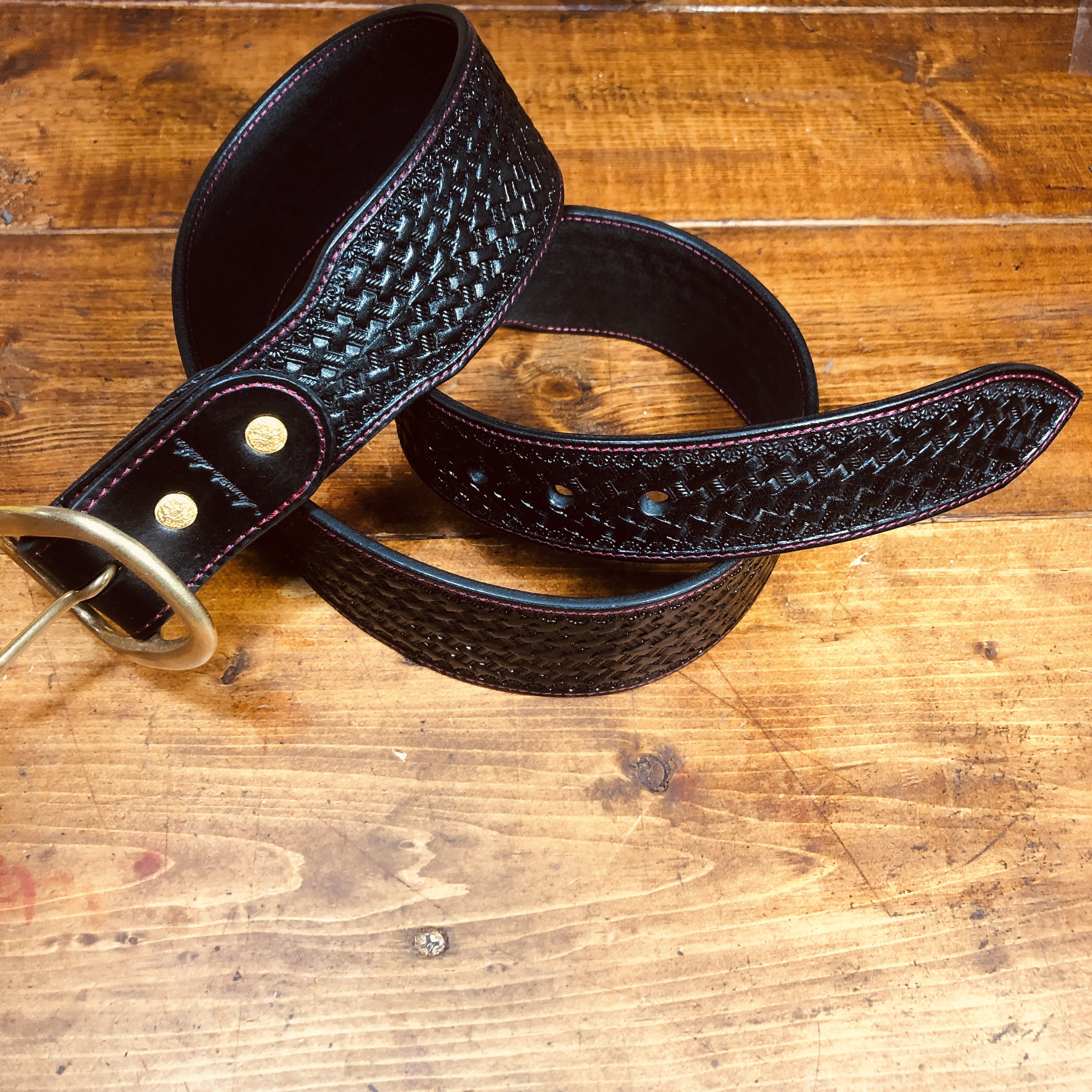 レザーベルト ベルト バスケットスタンプ  手染め【受注生産】ステッチ色変更可