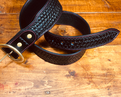 レザーベルト ベルト バスケットスタンプ 手染め【受注生産】ステッチ