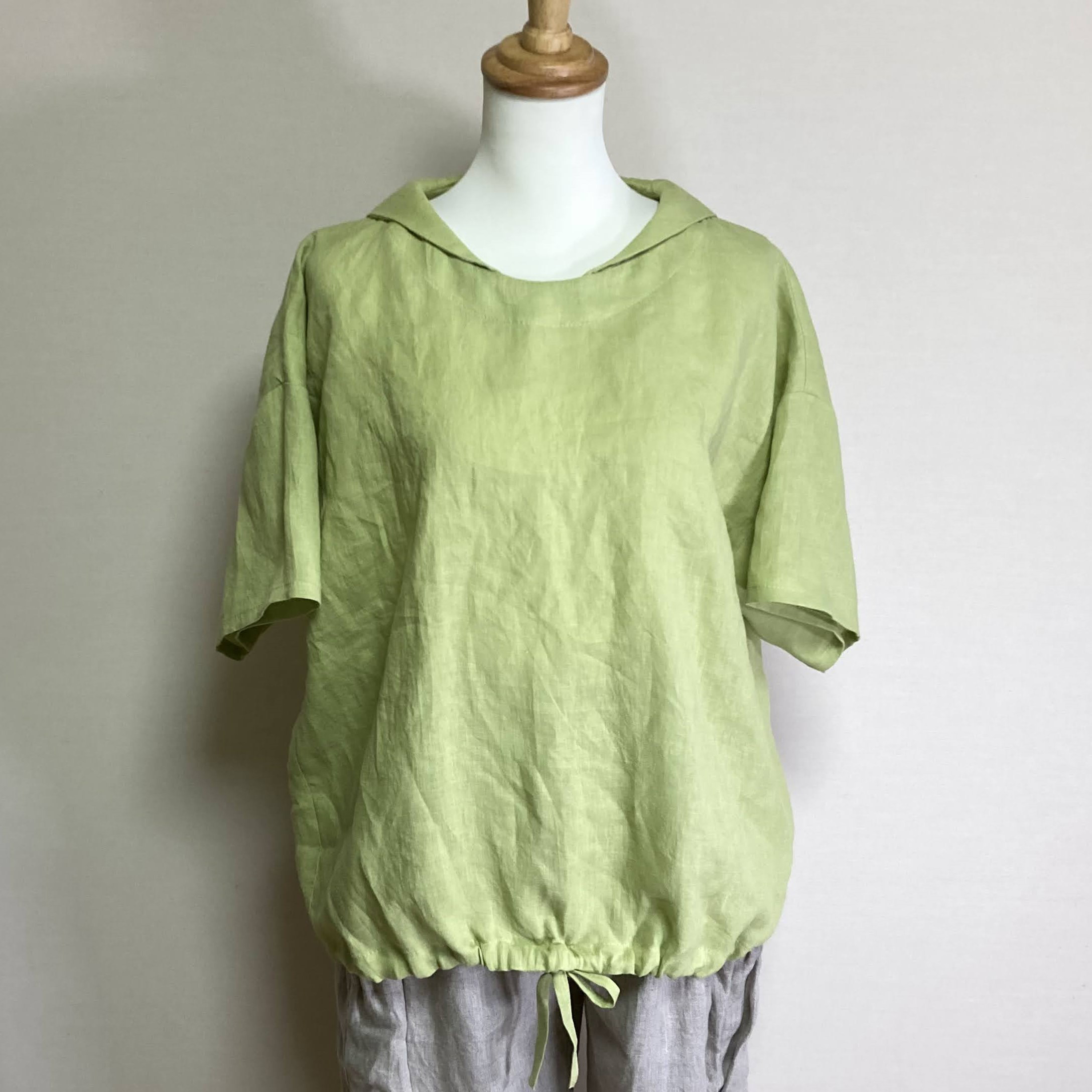 マリンシャツブラウス◆【ナチュラルリネン　ライト】◆ライム◆M・L・LL（リネン100％）
