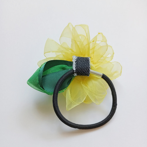 オーガンジーリボン向日葵のヘアゴムリボンフラワー ビタミンカラー
