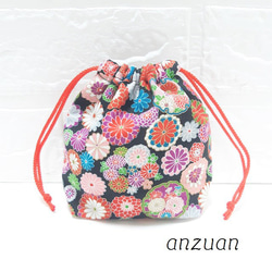 和柄 金花模様 ミニ巾着(黒×金)黒 巾着袋 anzuan 通販 18035501