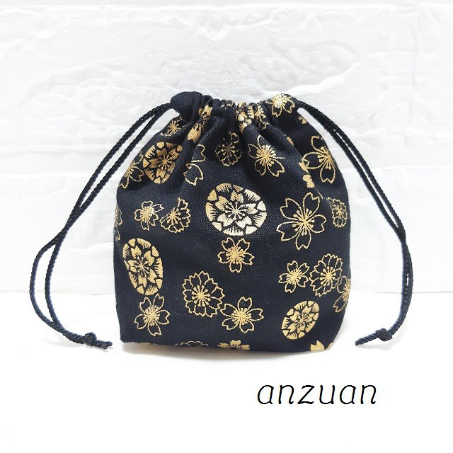 Maliuani フラダンス用イプ巾着袋付き 和柄 金花模様 ミニ巾着(黒×金)黒 巾着袋 anzuan 通販 18035501