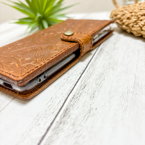 花柄 型押し ブラウン iPhoneケース スマホケース レザークラフト 本革