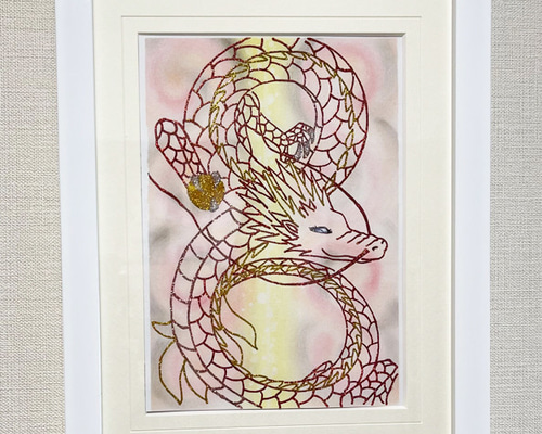 キラキラ輝く 赤龍アート（原画） /パステル /ラメ 絵画 shizuku