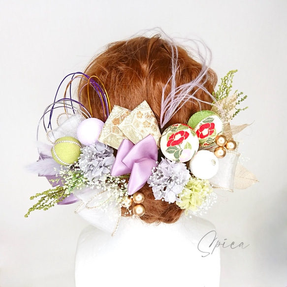 一点限定】ちりめん和玉とプリザ紫陽花とリボンの髪飾り 水引 卒業式 