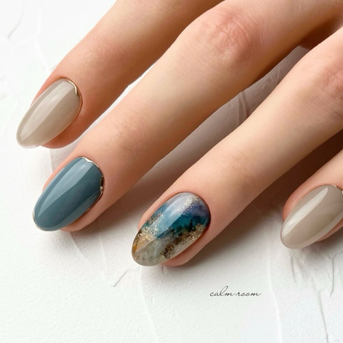 No.585]天然石ネイル/ニュアンスネイル/奥行き/ブルー/箔/上品/普段  