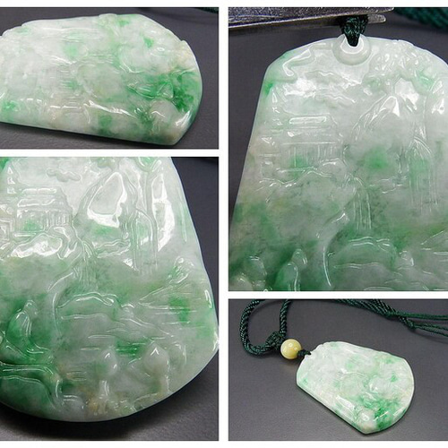 一点物緑入りひすい本翡翠天然石風水風景手彫りペンダントトップ