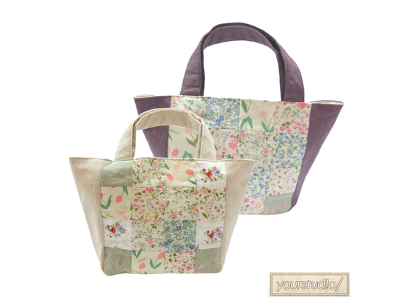 花柄パッチの手提げバッグ　6 ハンドメイド パッチワークバッグ 大人かわいい花柄パッチワーク ハンドバッグ