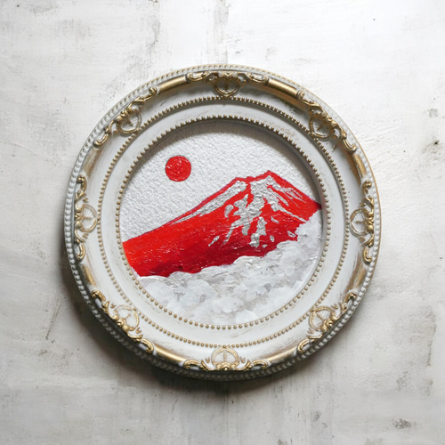 油彩画 円形ミニ絵画「赤富士」 銀の空と白い雲 油彩画 円形ミニ絵画「赤富士」 銀の空と白い雲 絵画 HR 通販