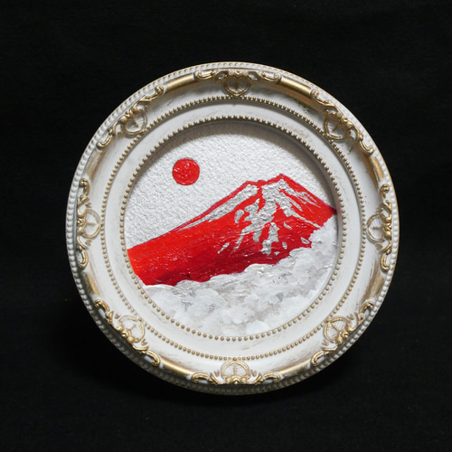 油彩画 円形ミニ絵画「赤富士」 銀の空と白い雲 油彩画 円形ミニ絵画「赤富士」 銀の空と白い雲 絵画 HR 通販