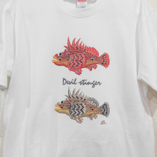 オリジナル　プリント、刺繍 オニオコゼ（鬼虎魚）のオリジナルプリントTシャツ－刺繍