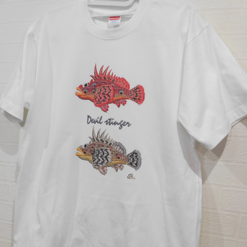 オリジナル　プリント、刺繍 オニオコゼ（鬼虎魚）のオリジナルプリントTシャツ－刺繍