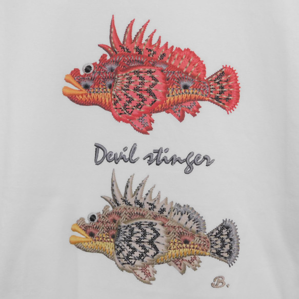 オリジナル　プリント、刺繍 オニオコゼ（鬼虎魚）のオリジナルプリントTシャツ－刺繍