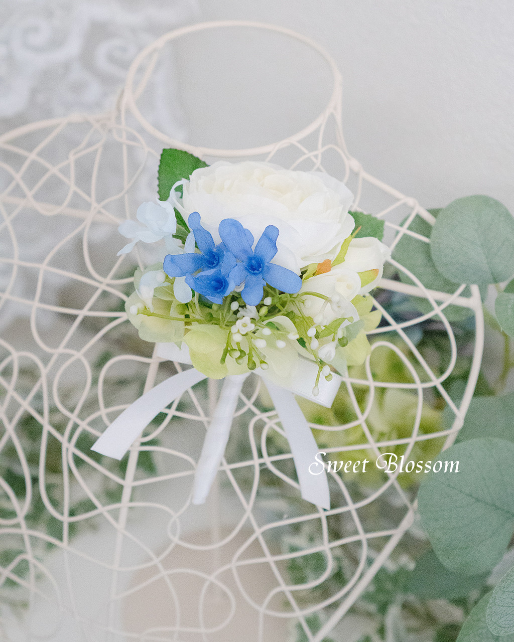 【オーダーメイド】ホワイト＆ブルーのティアドロップブーケ＆ブートニア