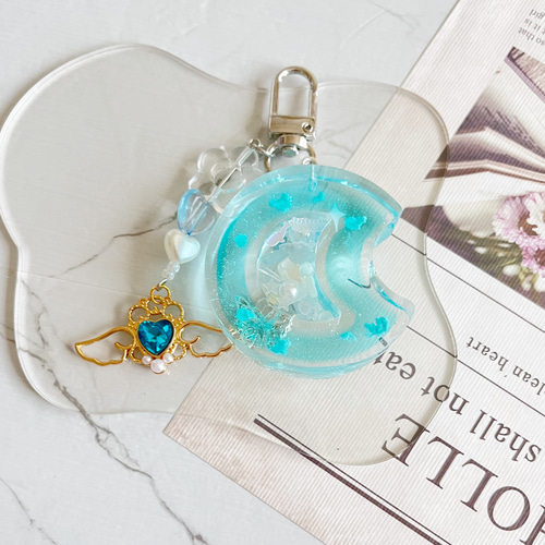 ダブルムーンシェイカー レジン キーホルダー 天然石 ブルー