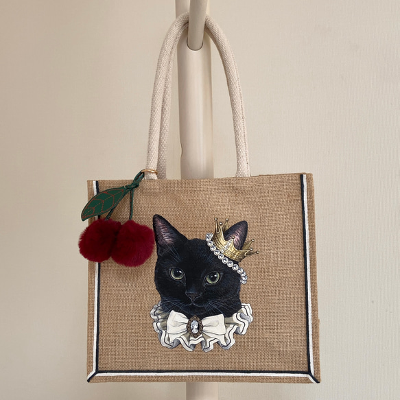 オリジナル 黒猫 手描き ジュートバッグ 黒ねこ クロネコ 鞄