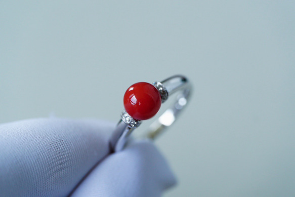 優雅」K18 天然血赤サンゴ 珊瑚 天然ダイヤモンド 情熱 3月誕生石 指輪