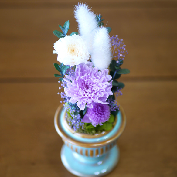 「仏花」パープルことね菊とユーカリのプリザーブドフラワーのガラスドーム＜受注制作＞ 8枚目の画像