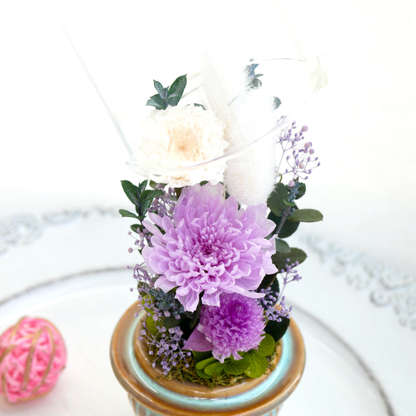 「仏花」パープルことね菊とユーカリのプリザーブドフラワーのガラスドーム＜受注制作＞ 7枚目の画像