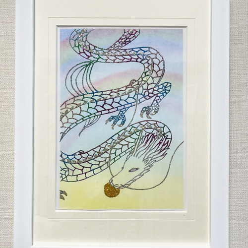 キラキラ輝く虹龍アート（原画） /パステル /ラメ 絵画 shizuku