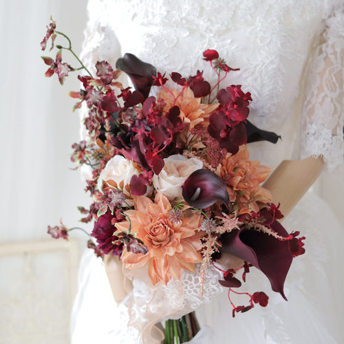 ウェディングブーケとブートニアのセット♡赤ローズブーケ♡ダリアブーケ♡前撮り 赤ダリアと薔薇のラウンドブーケ ウェディングブーケ ブートニア