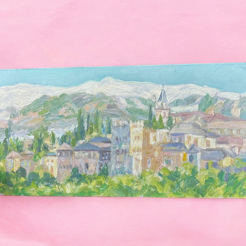 グラナダ の春（油絵、原画、スペイン、グラナダ 、額付き