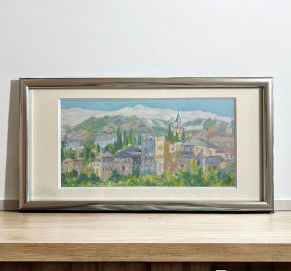 グラナダ の春（油絵、原画、スペイン、グラナダ 、額付き