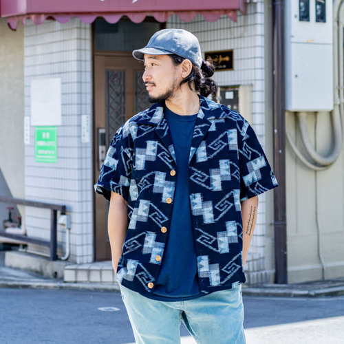 Acote 着物リメイク アロハシャツ ハワイアン 半袖シャツ 開襟 藍染 絣 