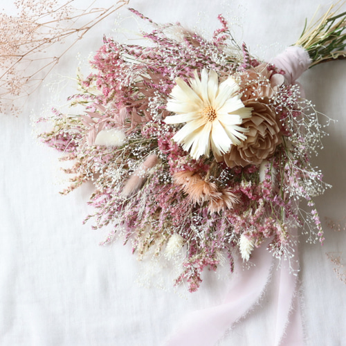 ウェディングブーケ ブートニア付き くすみピンク ドライフラワーブーケ 前撮り ドライフラワーブーケ ピンク ウェディングブーケ クラッチブーケ 前