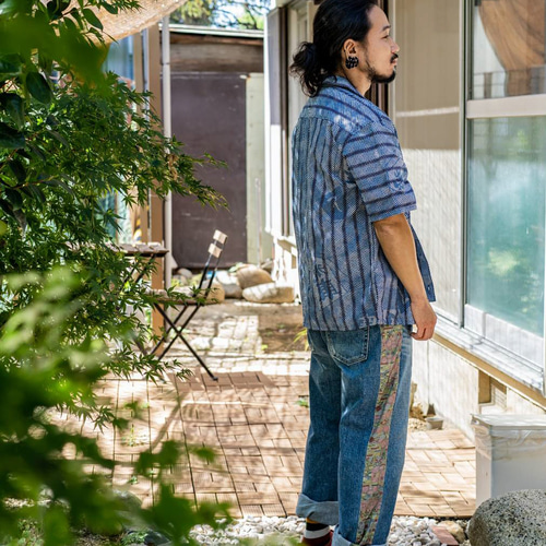 リメイク　竺仙　アロハシャツ　メンズ　本染　ハンドメイド綿紬　浴衣 ベージュ リメイク 竺仙 アロハシャツ メンズ 本染 ハンドメイド綿紬 浴衣