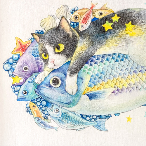 原画「ハチワレ猫と小鳥のアート 黄緑」猫/文鳥/インコ/アート