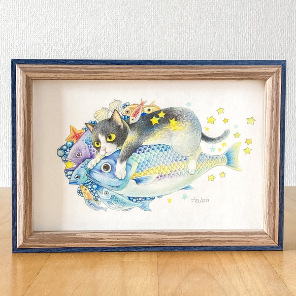 虹色の魚と猫 原画イラスト ポストカードサイズ・作品証明書付き