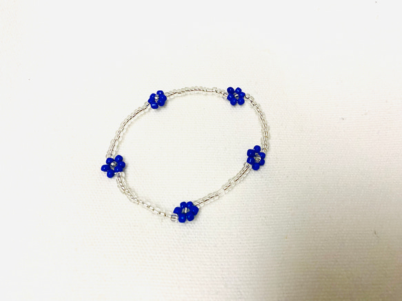 フラワービーズブレスレット(青、シルバー) ビーズアクセサリー