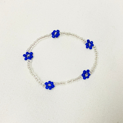 フラワービーズブレスレット(青、シルバー) ビーズアクセサリー 韓国