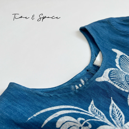 藍染め☆ろうけつ染め技法】7分袖ワンピース│リネン100