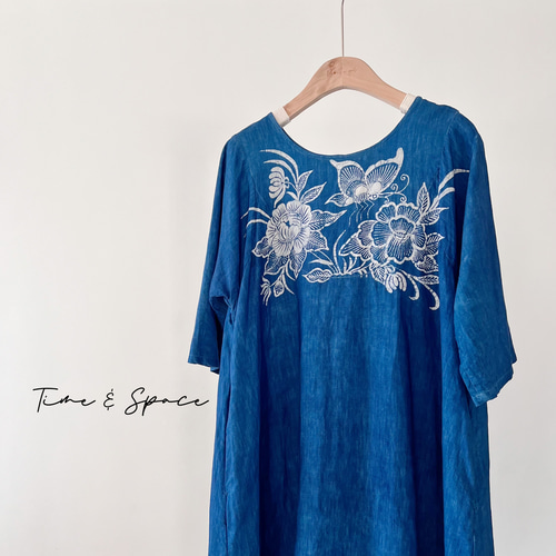 藍染め☆ろうけつ染め技法】7分袖ワンピース│リネン100