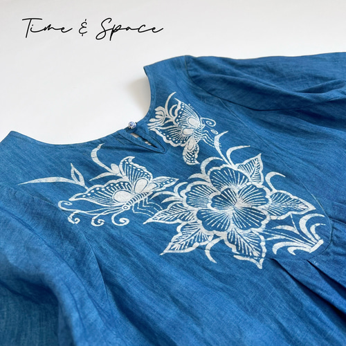 藍染め☆ろうけつ染め技法】7分袖ワンピース│リネン100