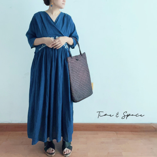 藍染め☆ろうけつ染め技法】7分袖ワンピース│リネン100