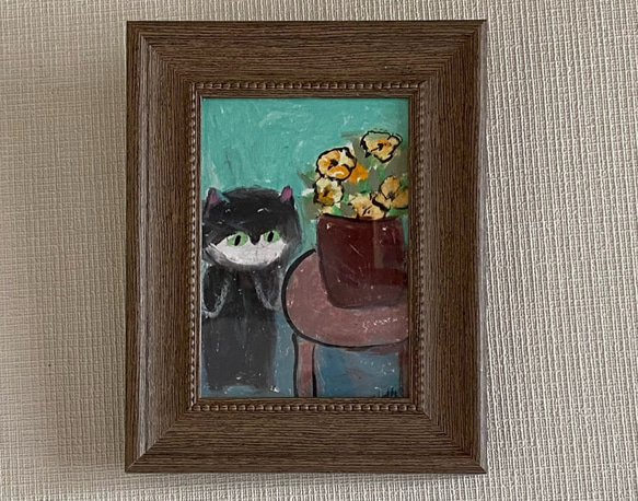 【値下げ】 絵画。原画【黒猫はテーブルの上のきれいな花を見て嬉しかった】 絵画