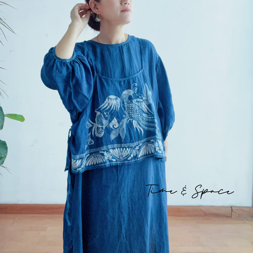 夏新作☆藍染め☆ろうけつ染めのワンピース】リネン100％│重ね