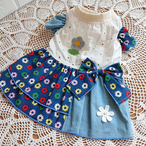 めるちゃん犬服ハンドメイドワンピース 犬服 ハンドメイド ワンピース 夏 春 4号 花柄 緑 ベージュ