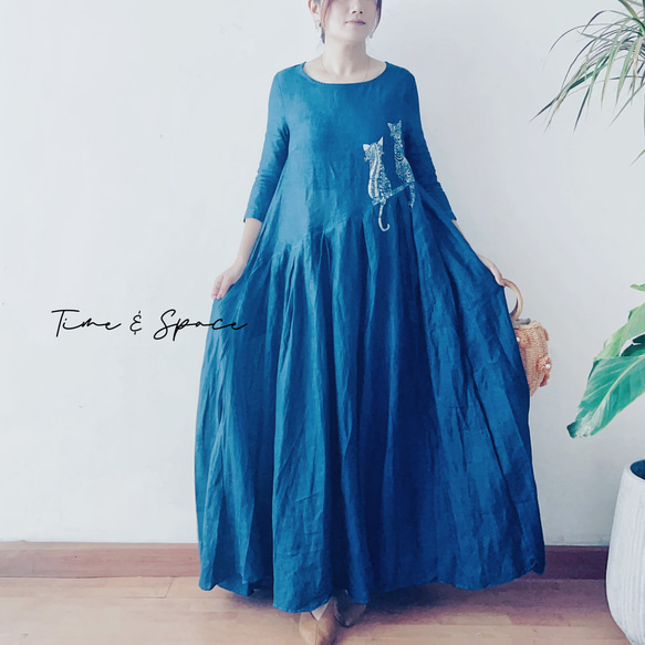 夏新作☆藍染め猫ちゃん☆ろうけつ染めワンピース】リネン100  